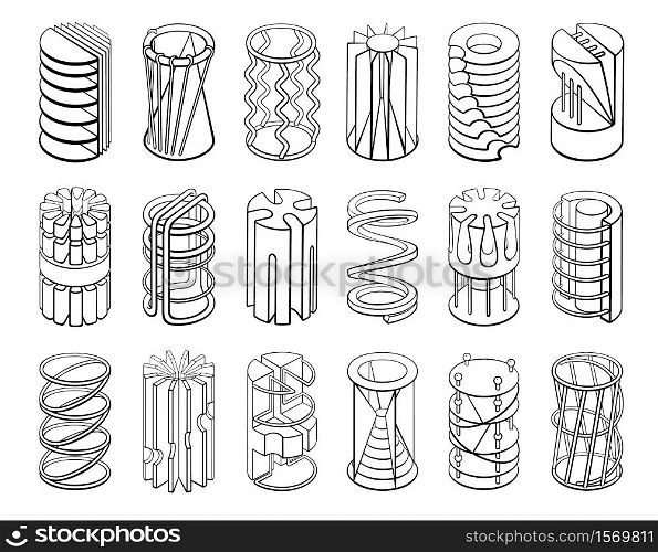 Set of 3D geometric shapes cylinder designs. Outline objects isolated on white background. Vector collection. Set of 3D geometric shapes cylinder designs.