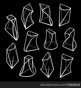 Set of 3D geometric shapes prism designs. Outline objects isolated on black background. Vector collection. Set of 3D geometric shapes prism designs.