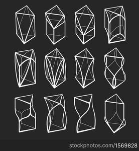 Set of 3D geometric shapes prism designs. Outline objects isolated on black background. Vector collection. Set of 3D geometric shapes prism designs