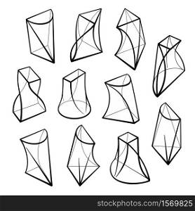 Set of 3D geometric shapes prism designs. Outline objects isolated on white background. Vector collection. Set of 3D geometric shapes prism designs