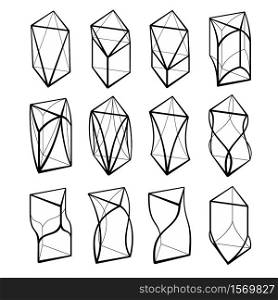 Set of 3D geometric shapes prism designs. Outline objects isolated on white background. Vector collection. Set of 3D geometric shapes prism designs