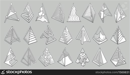 Set of 3D geometric shapes pyramid designs. Outline objects isolated on gray background. Vector collection. Set of 3D geometric shapes pyramid designs
