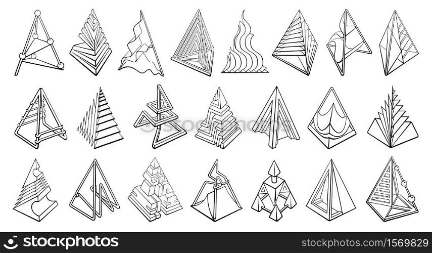 Set of 3D geometric shapes pyramid designs. Outline objects isolated on white background. Vector collection. Set of 3D geometric shapes pyramid designs.