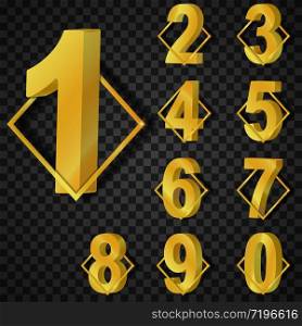 Set of 3D golden number collection, graphic desing object vector illustration. Typography classic style chrome alphabet font isolated on transparent background