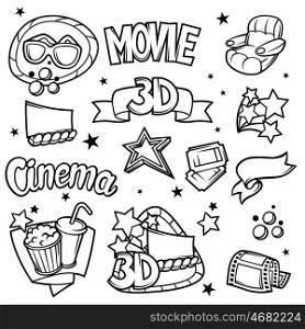 Set of 3d movie design elements and cinema objects in cartoon style. Set of 3d movie design elements and cinema objects in cartoon style.