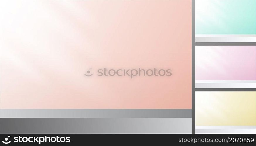 Set of 3D pastel color empty studio room minimal wall scene background with lighting. You can use for product display presentation, mockup, retail showroom, etc. Vector illustration