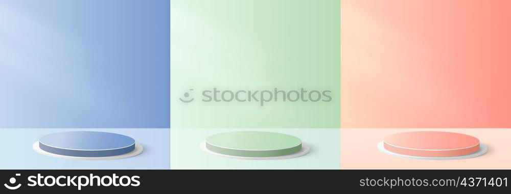 Set of 3D realistic blue, orange, and green color pastel podium backdrop for display product. Minimal style concept. Vector illustration