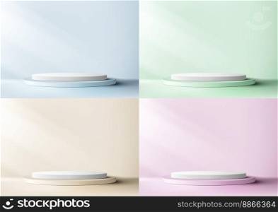 Set of 3D realistic empty blue, green, pink, yellow and white podium cylinder shape product display with lighting on minimal wall scene soft blue background. You can use for cosmetic mockup presentation, promotion sale and marketing, etc, Vector illustration