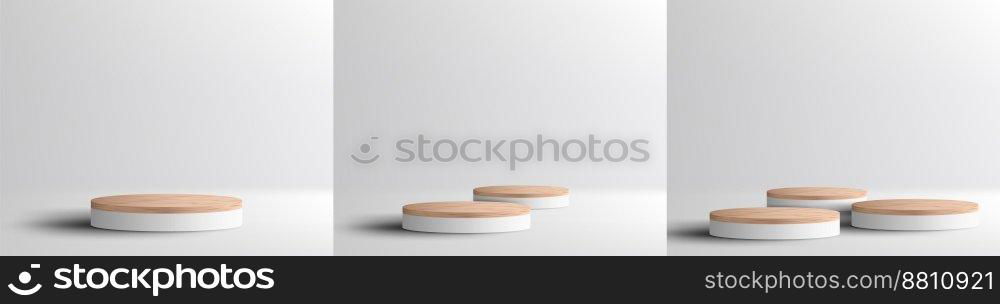 Set of 3D realistic empty wood grain top white podium pedestal on white background with lighting and shadow. You can use for product presentation, cosmetic display mockup, showcase, etc. Vector illustration