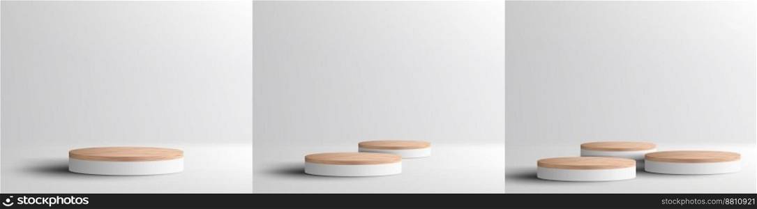 Set of 3D realistic empty wood grain top white podium pedestal on white background with lighting and shadow. You can use for product presentation, cosmetic display mockup, showcase, etc. Vector illustration