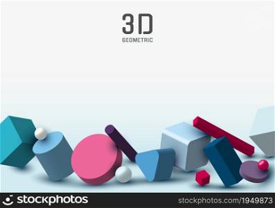 Set of 3D realistic geometric group object decoration on white room background with space for your text. Vector graphic illustration