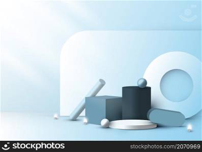 Set of 3D realistic geometric group on blue room background. Vector illustration