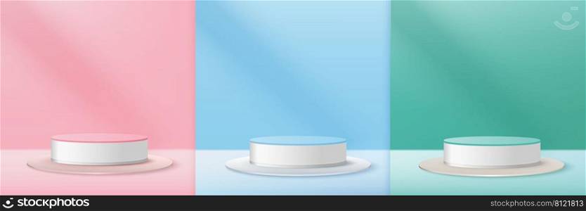 Set of 3D realistic pink, blue, and green color pastel podium backdrop for display product. Minimal style concept. Vector illustration
