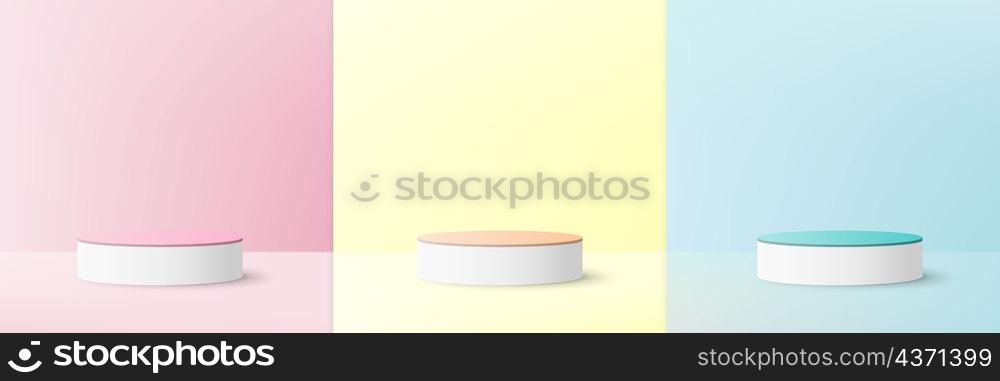 Set of 3D realistic pink, orange, and green color pastel podium backdrop for display product. Minimal style concept. Vector illustration