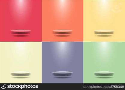 Set of 3D realistic podium pedestal platform cylinder shapes floating in the air with spotlight on bright colors background minimal style. Studio room colorful wall scene. Products display advertising showcase. Vector illustration