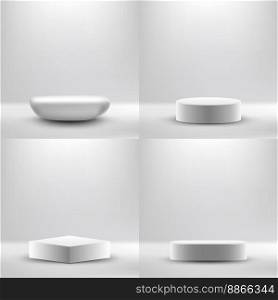 Set of 3D realistic products display white podium geometric and stone stand pedestal on clean background with lighting. You can use for product display presentation, cosmetic mockup, showcase, etc. Vector illustration