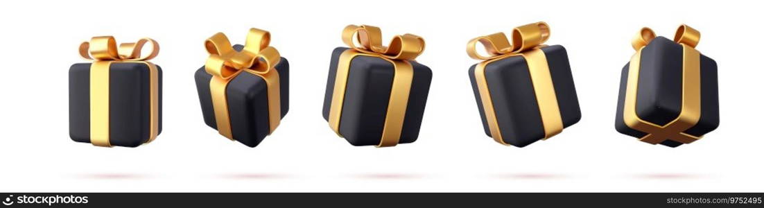 Set of 3d render gifts box with golden ribbons isolated on white background. Holiday decoration presents. Festive gift surprise. Realistic icon for birthday or wedding banners. Vector illustration.. 3d gifts box.