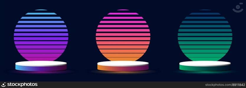 Set of 3D white and neon colors podium stand pedestal with sunrise gradient colorful circles backdrop retro 70s 80s style. You can use for products display presentation, presentation mockup, showcase, etc. Vector illustration