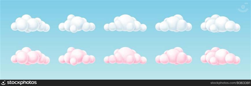Set of 3d white and pink clouds with round geometricl shapes isolated on blue background. Cute cartoon cloudscape design. Vector illustration. Set of 3d white and pink clouds with round geometricl shapes isolated on blue background