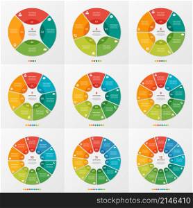 Set of 4-12 circle chart infographic templates for presentations, advertising, layouts, annual reports, web design.. Set of 4-12 circle chart infographic templates