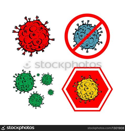 Set of 4 2019-nCoV bacteria isolated on white background. few Coronavirus in red circle vector Icon. COVID-19 bacteria corona virus disease sign. SARS pandemic concept symbol. Pandemic. Human health. Set of 4 2019-nCoV bacteria isolated on white background. few Coronavirus in red circle vector Icon. COVID-19 bacteria corona virus disease sign. SARS pandemic concept symbol. Pandemic. Human health .