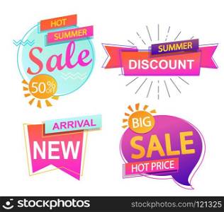 Set of 4 banner elements, sale and discount tag collection, hot summer special offer. Modern website stickers. Vector illustration.. Set of 4 banner elements, sale and discount.. Set of 4 banner elements, sale and discount.