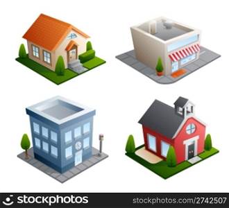 Set of 4 building illustrations - House, Store, Office, School