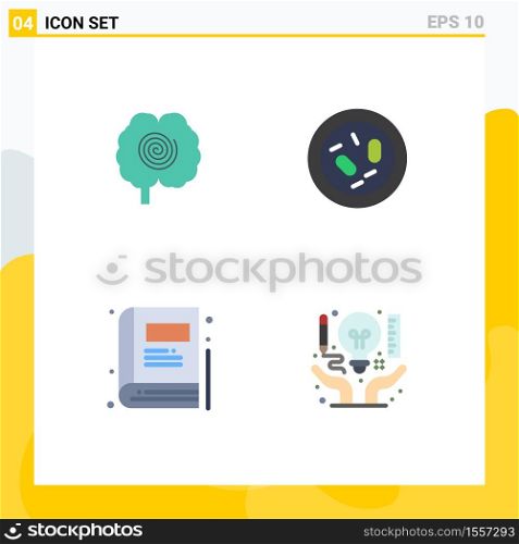 Set of 4 Commercial Flat Icons pack for brain, book, psychology, germ, education Editable Vector Design Elements