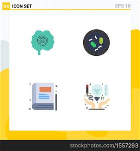Set of 4 Commercial Flat Icons pack for brain, book, psychology, germ, education Editable Vector Design Elements