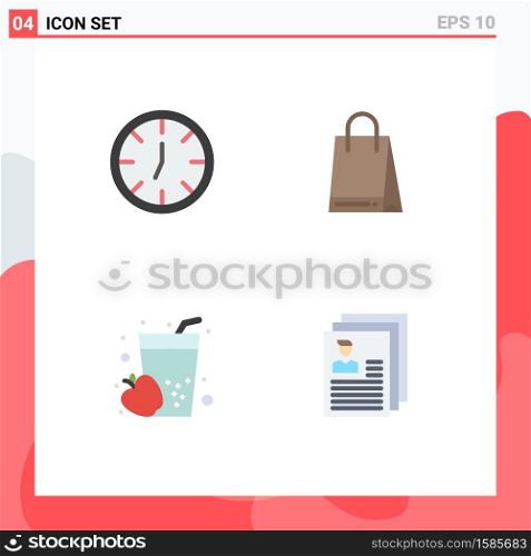 Set of 4 Commercial Flat Icons pack for clock, juice, bag, apple, document Editable Vector Design Elements