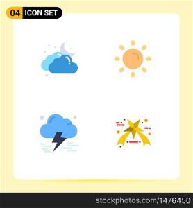 Set of 4 Commercial Flat Icons pack for cloud, insurance, weather, sun, thunderstorm Editable Vector Design Elements