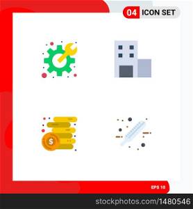 Set of 4 Commercial Flat Icons pack for cog, money, spanner, university, care Editable Vector Design Elements