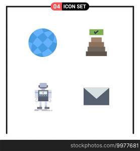 Set of 4 Commercial Flat Icons pack for communication, machine, earth, check mark, robotic Editable Vector Design Elements