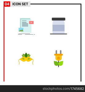 Set of 4 Commercial Flat Icons pack for data, costume, media, food, mardigras Editable Vector Design Elements