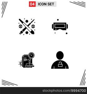 Set of 4 Commercial Solid Glyphs pack for billiard, file, play, google glass, business Editable Vector Design Elements