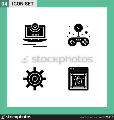 Set of 4 Commercial Solid Glyphs pack for cam, gear, monitor, game, setting Editable Vector Design Elements