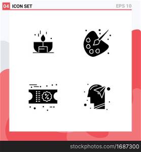 Set of 4 Commercial Solid Glyphs pack for candle, discount, lighter, drawing, ticket Editable Vector Design Elements