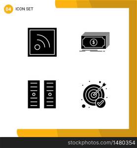 Set of 4 Commercial Solid Glyphs pack for feed, hosting, cash, funds, achievement Editable Vector Design Elements