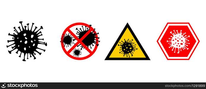 Set of 4 Dangerous Coronavirus red and black vector Icon. 2019-nCoV bacteria isolated on white background. COVID-19 Wuhan corona virus disease sign STOP pandemic concept symbol. Human health medical.. Set of 4 Dangerous Coronavirus red and black vector Icon. 2019-nCoV bacteria isolated on white background. COVID-19 Wuhan corona virus disease sign STOP pandemic concept symbol. Human health medical