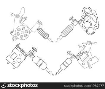 Set of 4 different style realistic tattoo machines icons. Revolver tattoo machine, knuckle duster tattoo gun. Line-art illustration isolated on white. Tatto machines. Contour