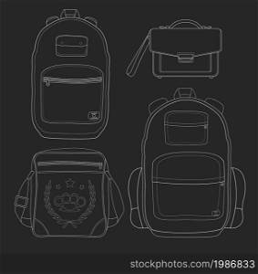 Set of 4 fashionable man bags. Urban backpack, briefcase, shoulder bag, travel backpack. Isolated. Lines on chalkboard. Set of 4 fashionable man bags. Chalk