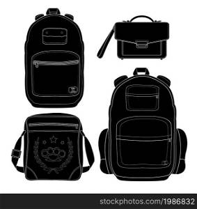 Set of 4 fashionable men bags. Urban backpack, briefcase, shoulder bag, travel backpack. Isolated. Inverse colors. Set of 4 fashionable men bags. Black