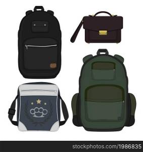 Set of 4 fashionable men bags. Urban backpack, briefcase, shoulder bag, travel backpack. Isolated.. Set of 4 fashionable men bags. Color