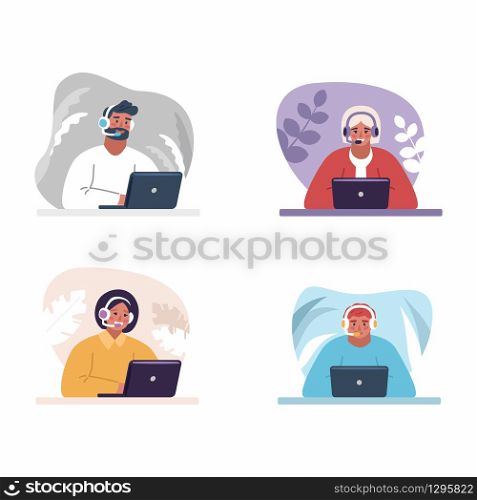 Set of 4 isolated people - Concept customer service. Flat design. Online global technical support. Vector illustration, help, assistance. People chating with headsets. Laptop on the table.. Concept customer service. Online global technical support. Vector illustration