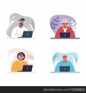 Set of 4 isolated people - Concept customer service. Flat design. Online global technical support. Vector illustration, help, assistance. People chating with headsets. Laptop on the table.. Concept customer service. Online global technical support. Vector illustration