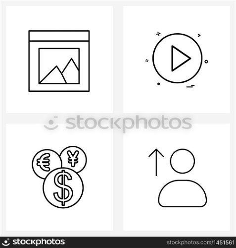 Set of 4 Line Icon Signs and Symbols of app, currency, gallery, media, euro Vector Illustration