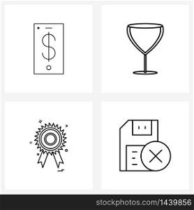 Set of 4 Line Icon Signs and Symbols of banking, badge , money, wine, prize Vector Illustration