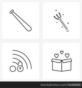 Set of 4 Line Icon Signs and Symbols of bat, internet, sport, Hindu, love Vector Illustration