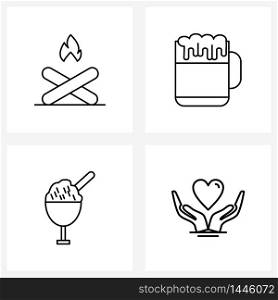Set of 4 Line Icon Signs and Symbols of campfire, ice cream, marshmallow, drink, meal Vector Illustration