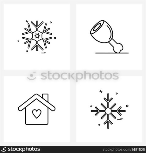Set of 4 Line Icon Signs and Symbols of Christmas, romantic, snowflakes, meat, snowflakes Vector Illustration